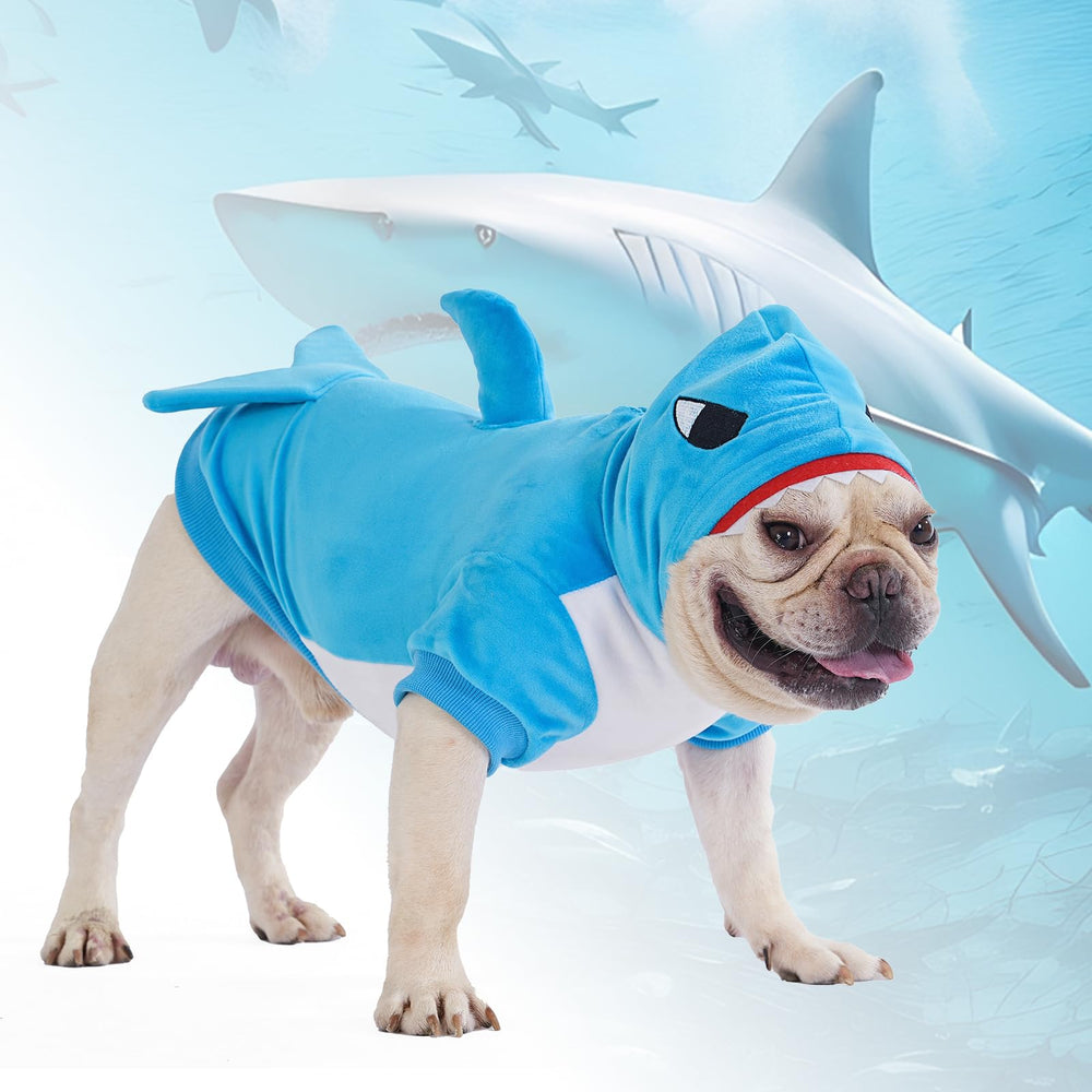 KOOLTAIL dog shark costume leash hole shown for easy outdoor walks.