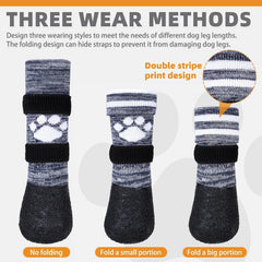 KOOLTAIL dog socks with strap-adjustment showing secure fit for hiking.