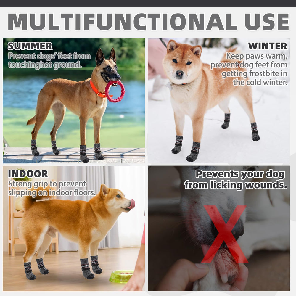 KOOLTAIL dog socks stabilize dogs on wood floors during daily activity.