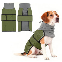 KOOLTAIL dog winter coat rear view highlights a waterproof shell for rain and snow protection.