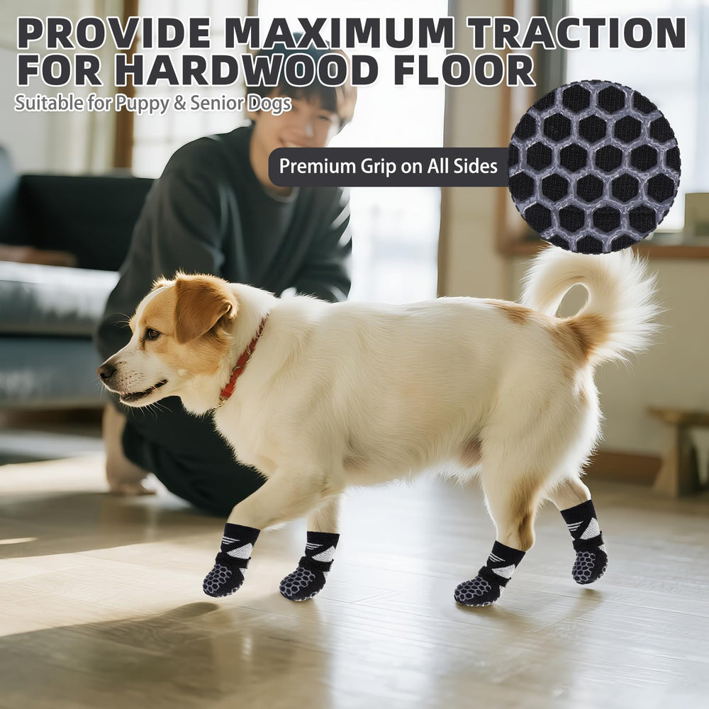 KOOLTAIL paw protectors on hardwood floor reduce slips.