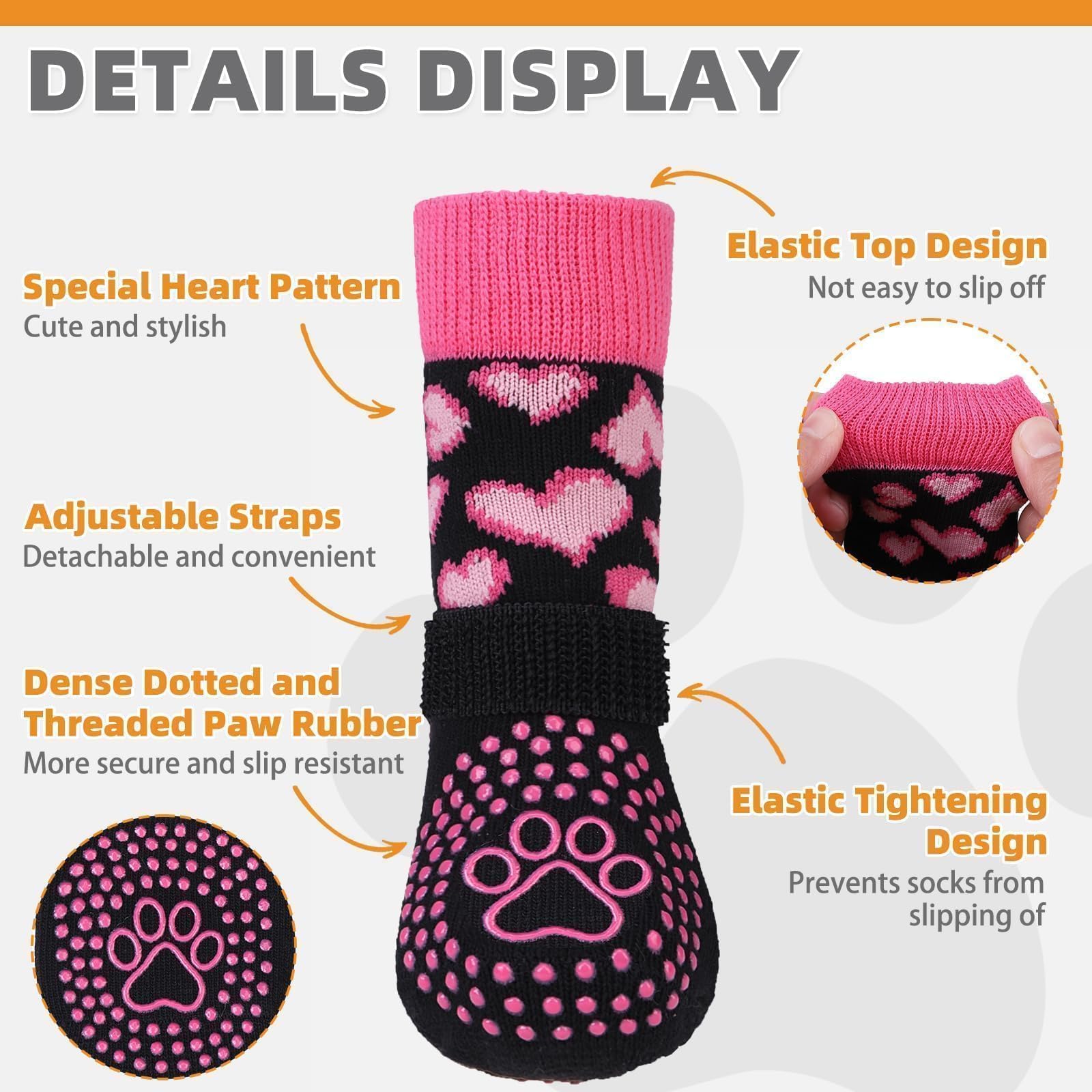 KOOLTAIL pink-heart dog socks with detachable strap demonstrating secure fit.