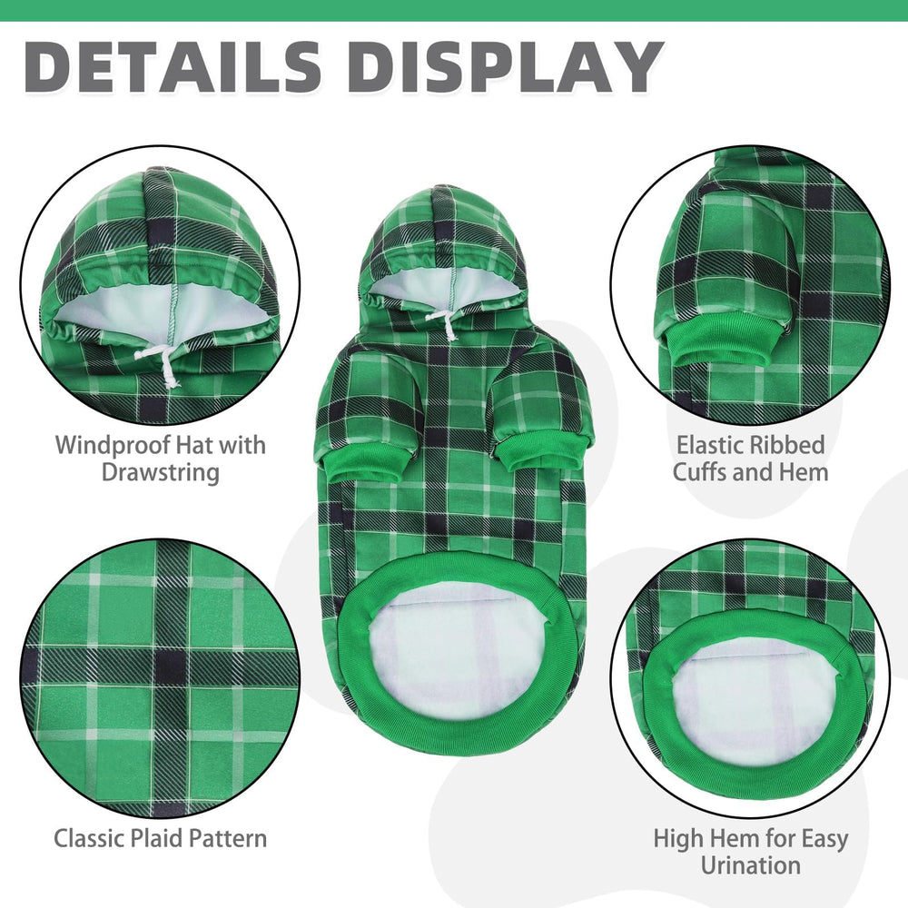 KOOLTAIL plaid dog hoodie green hood closeup highlighting soft fabric