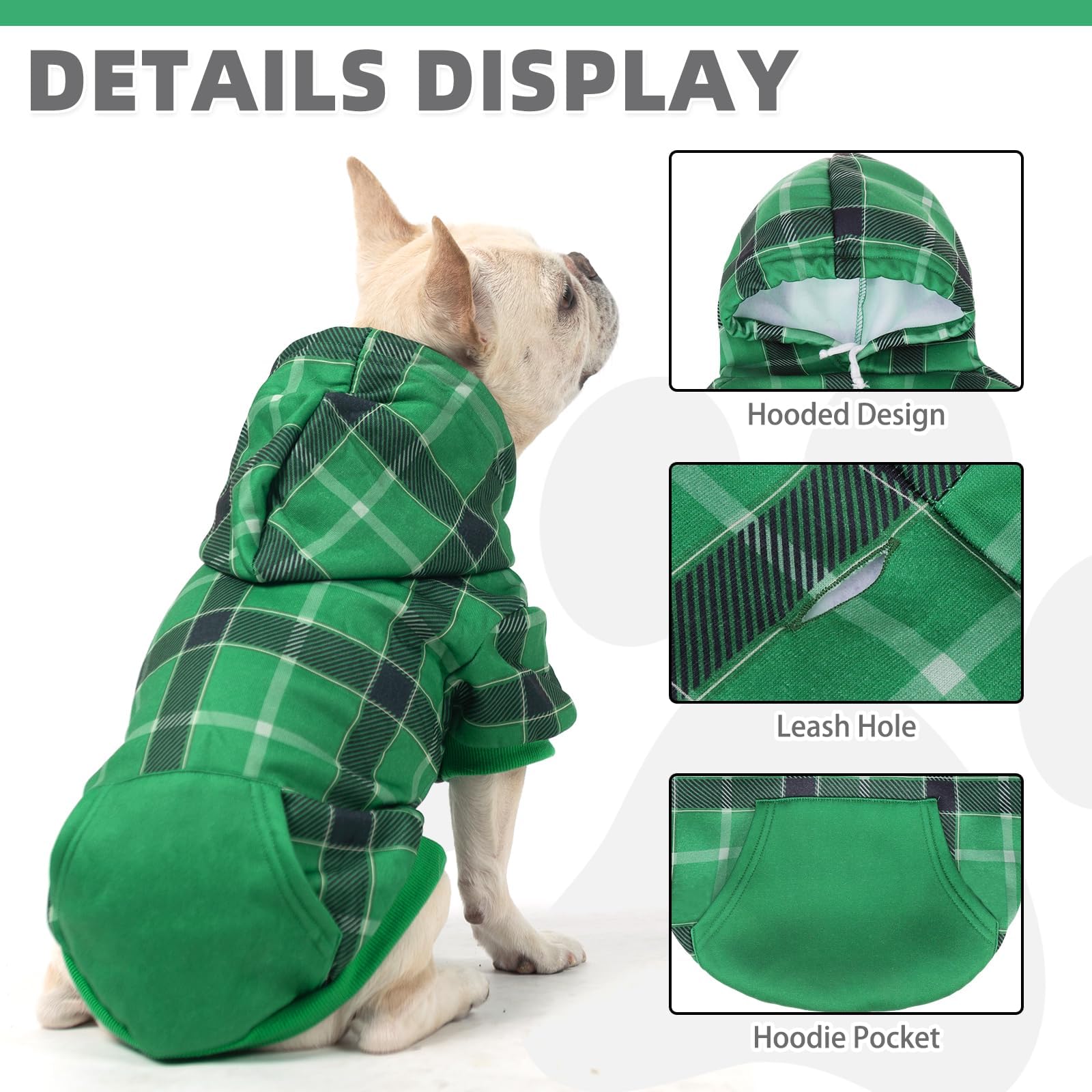 KOOLTAIL plaid dog hoodie green pocket and leash hole for convenience