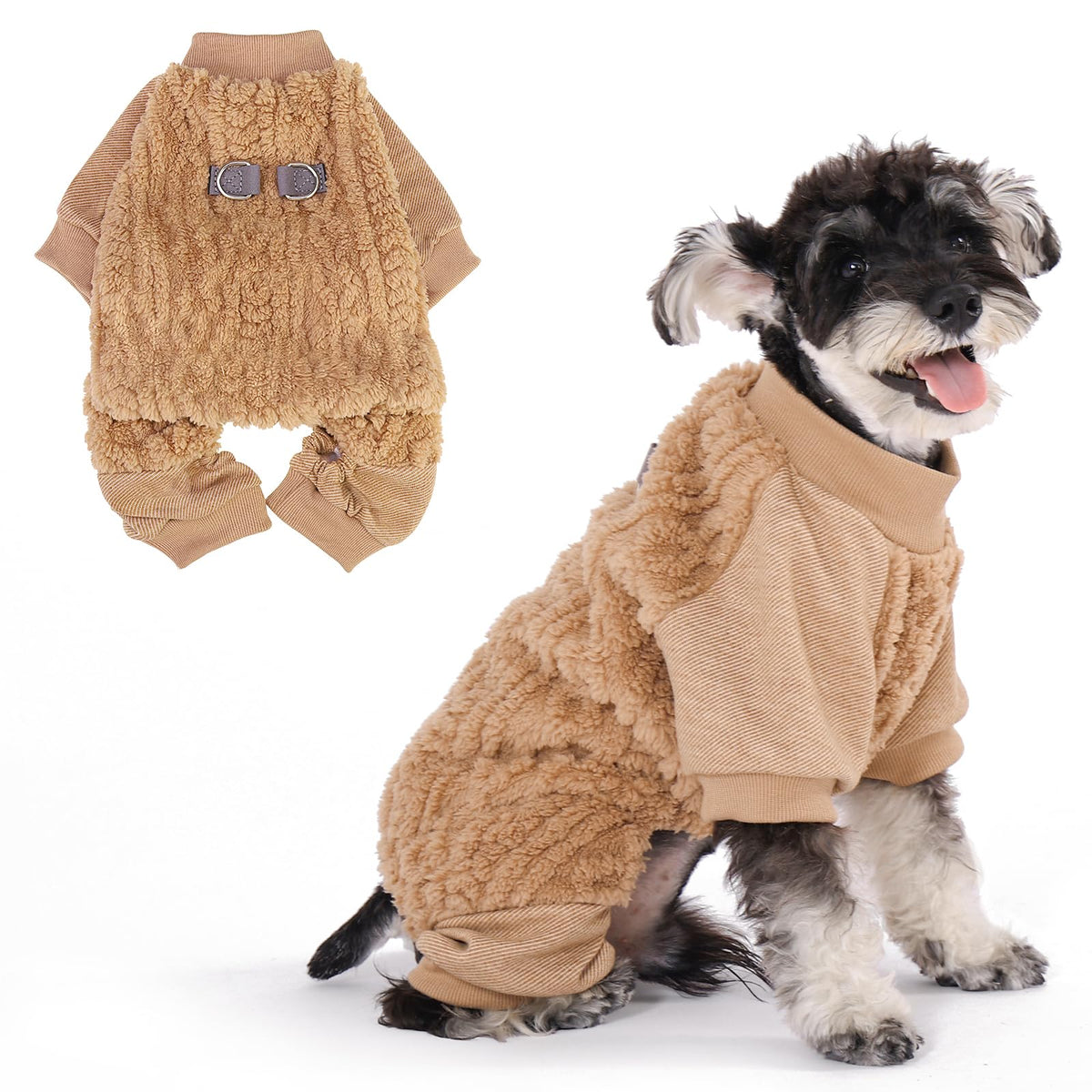 KOOLTAIL small dog pajamas beige front view highlights cozy fleece warmth for winter walks