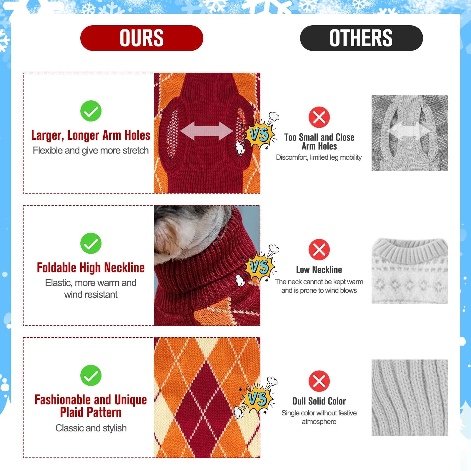 KOOLTAIL small dog sweater elastic cuffs and hem, comfy fit for daily wear.