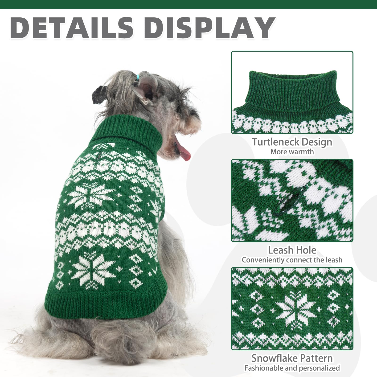 KOOLTAIL snowflake pattern dog sweater green detail showcases festive style and holiday charm.