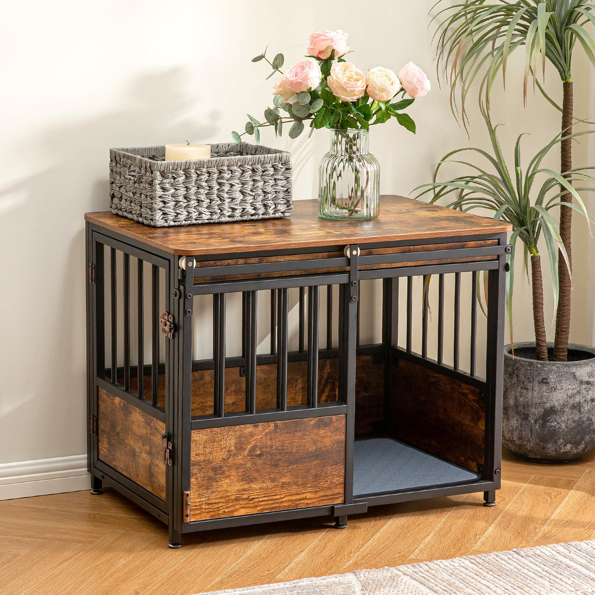 KOOPRO 32-inch dog crate with cushion shows a cozy anti-slip bed for restful naps.