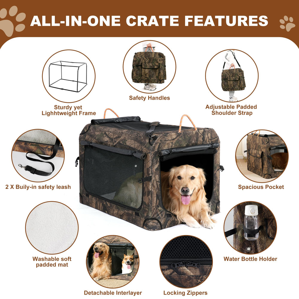 KOOPRO camouflage pet carrier with water bottle pocket supports on-the-go hydration.