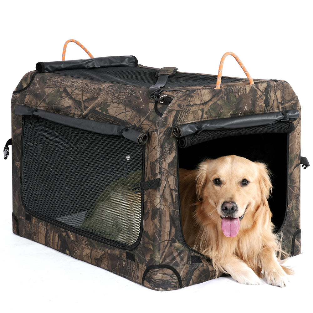 KOOPRO collapsible dog crate camouflage doors; easy entry and four-door ventilation.
