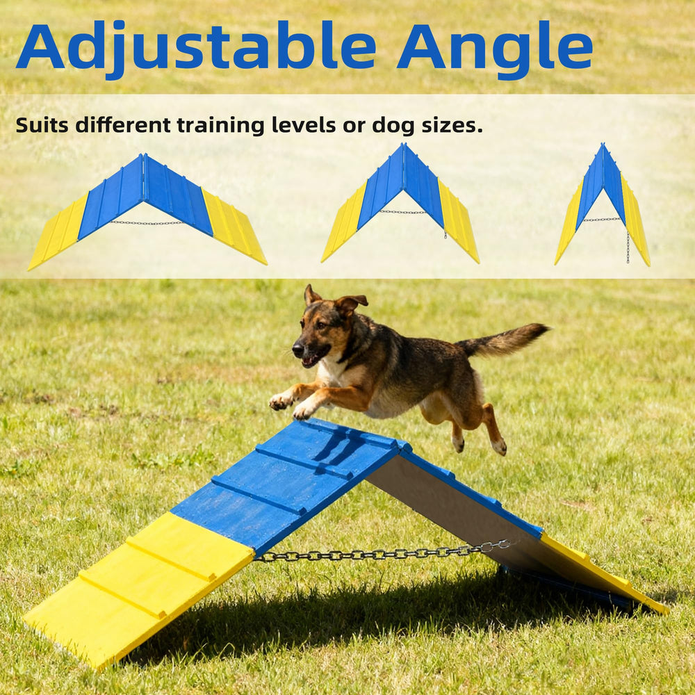 Koretech dog agility A-frame 84x24 side view highlights bright panels and visibility.