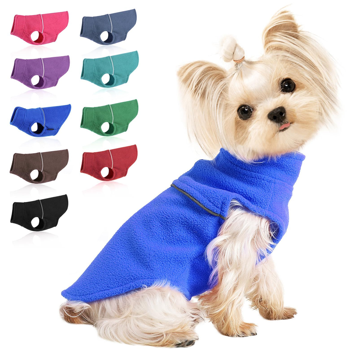Kosiyi blue fleece dog sweater on small dog boosts winter warmth during walks