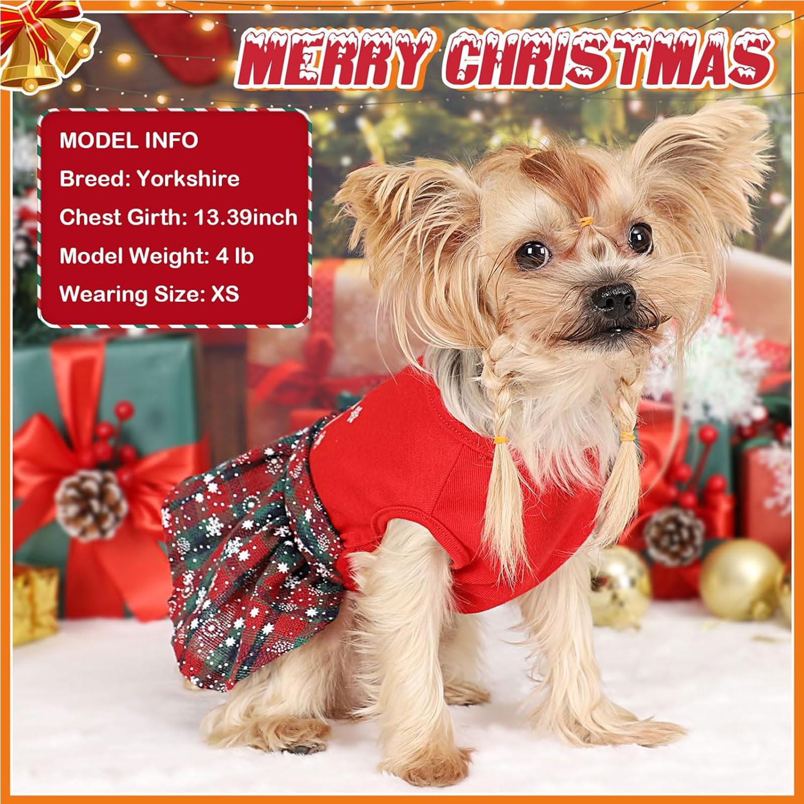 Kosiyi breathable, stretchy fabric keeps dog comfortable in plaid dress.