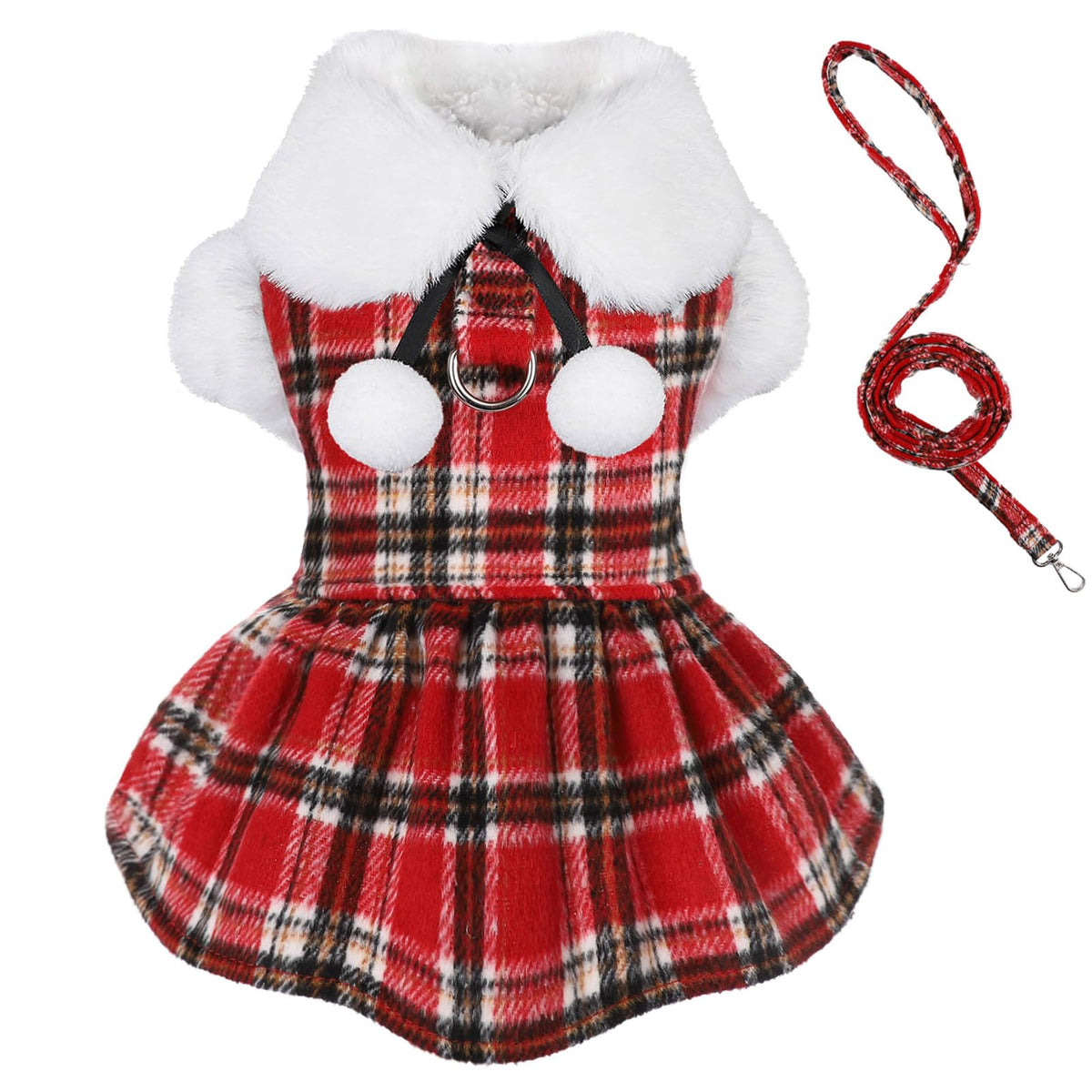 Kosiyi dog christmas sweater with leash set in red plaid, for convenient everyday walks.