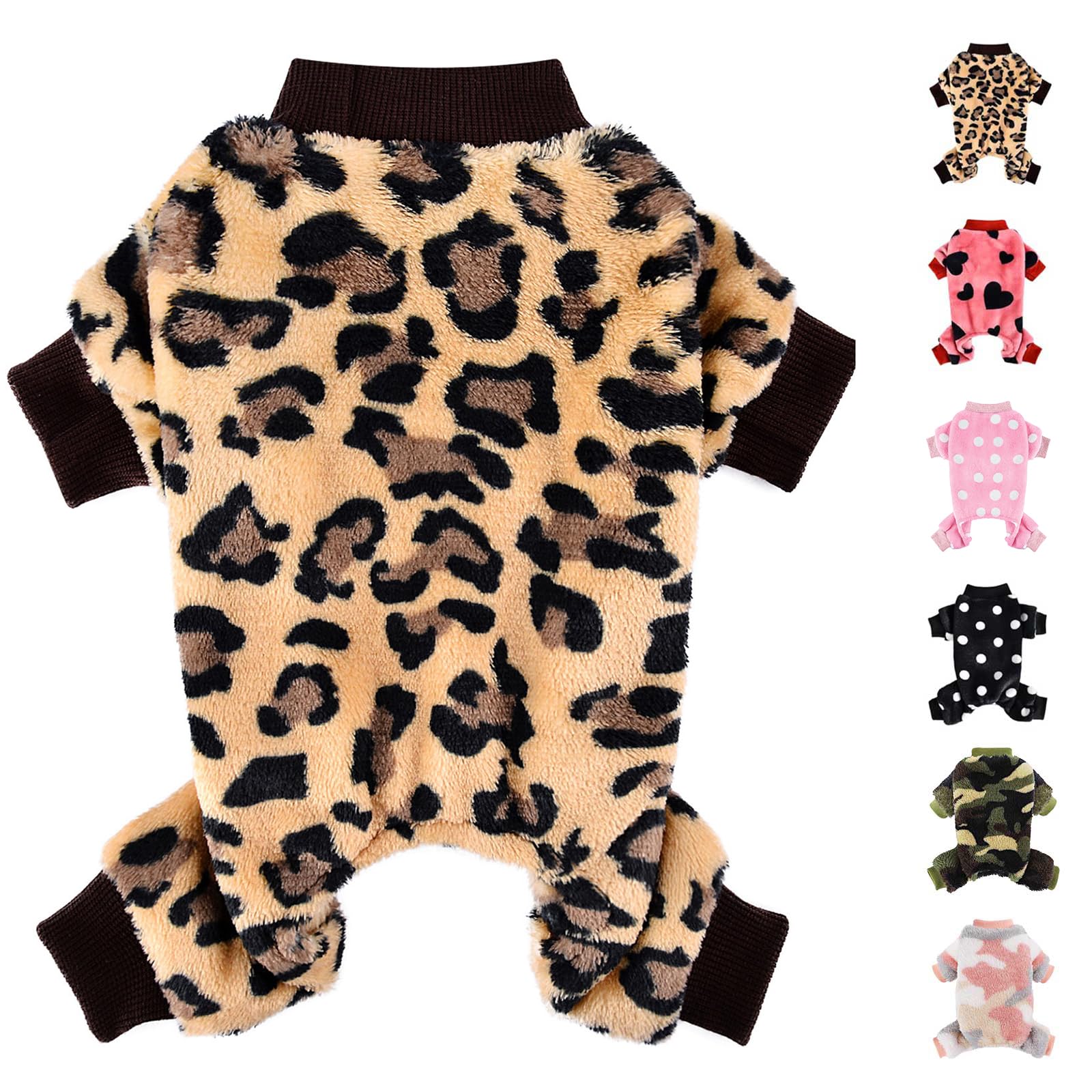 Kosiyi dog pajamas in leopard pattern keep small dogs warm and stylish.