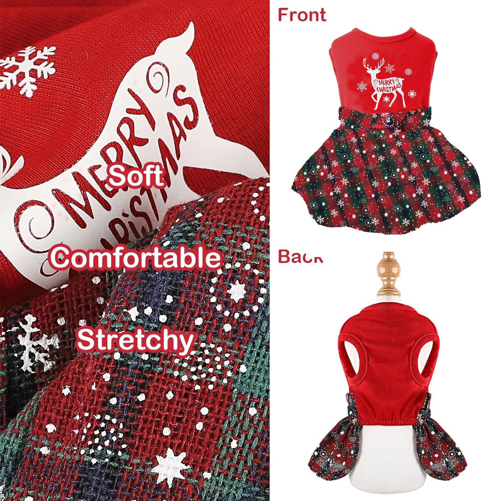 Kosiyi plaid red dress with bowknot for dogs, ideal for Christmas parties.