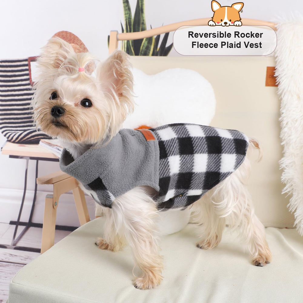 Kosiyi dog sweater plaid grey worn on puppy for cozy winter warmth.
