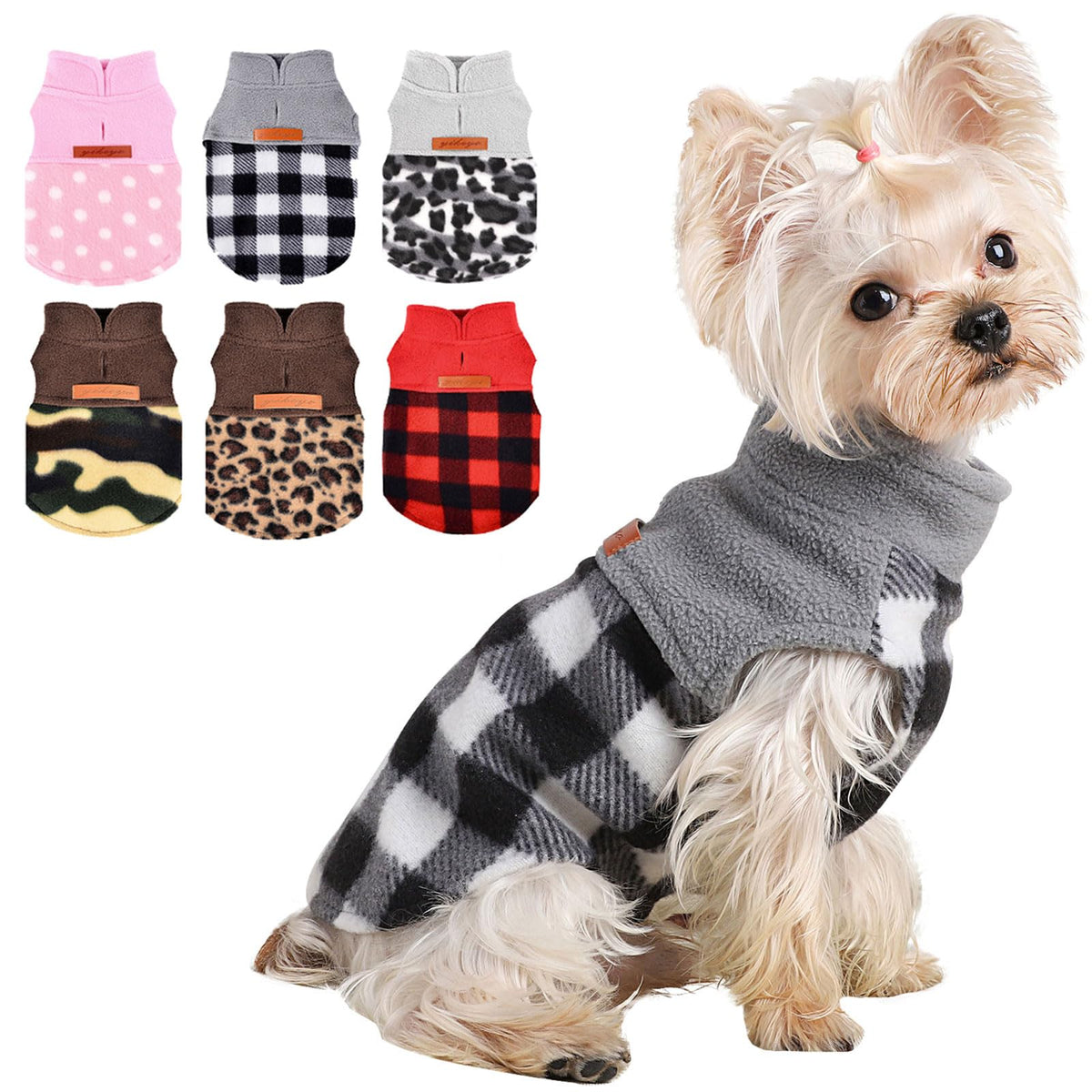 Kosiyi plaid grey dog sweater pullover on a small dog for warm, easy wear.