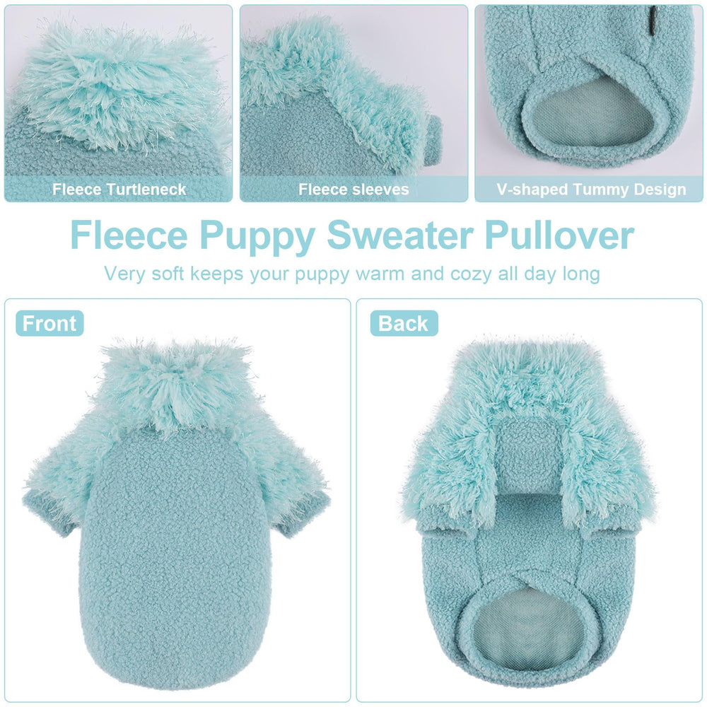 Kosiyi cyan back view shows full-coverage warmth for tiny breeds.
