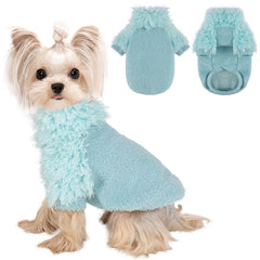 Kosiyi small dog sweater cyan, front view, offers cozy fleece warmth.