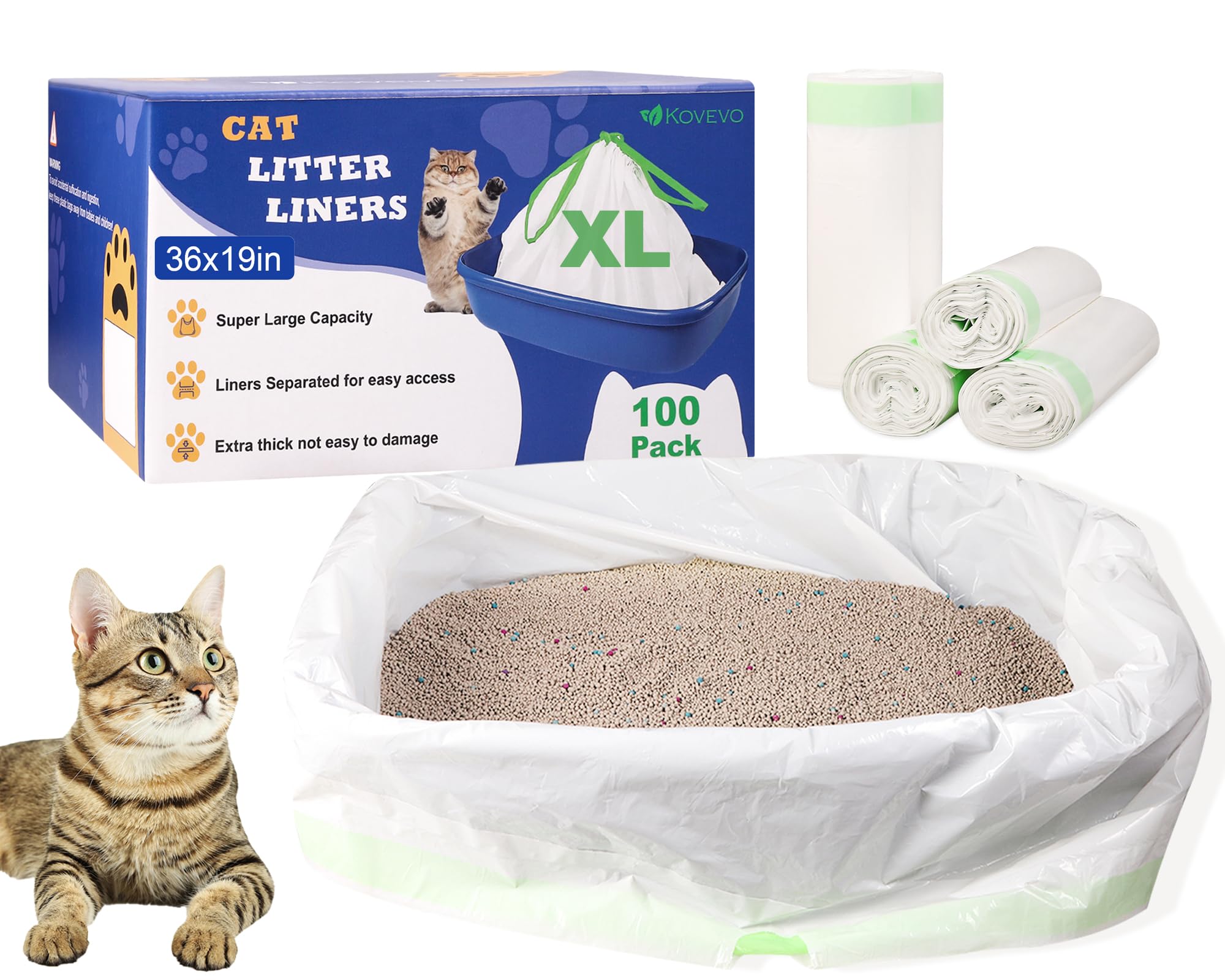 Kovevo 100-pack jumbo litter liners 36x19 inches for clean, mess-free litter changes.