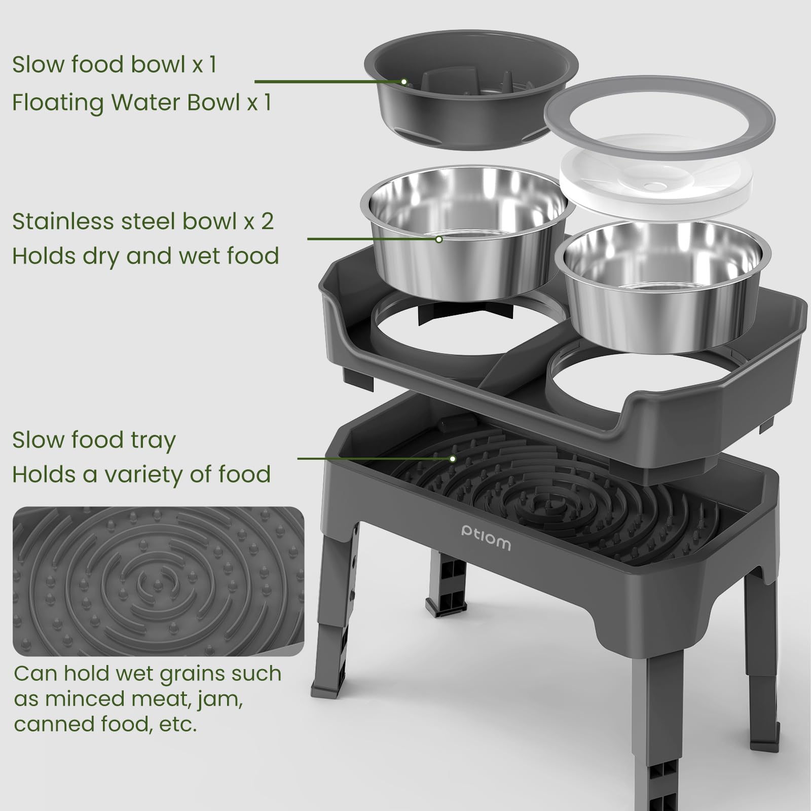 KPWACD adjustable-height stand shown at multiple heights for pet comfort