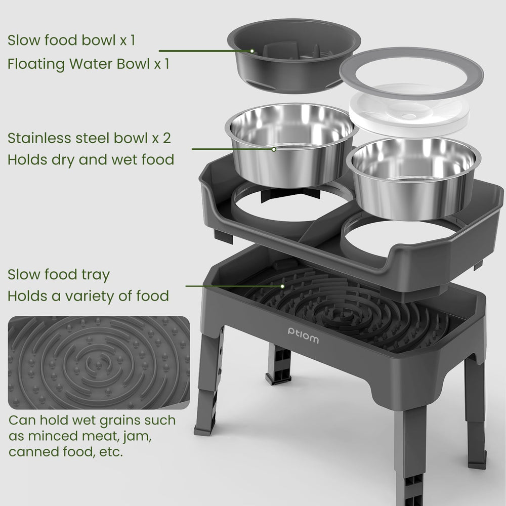 KPWACD adjustable-height stand shown at multiple heights for pet comfort