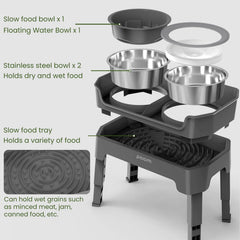 KPWACD adjustable-height stand shown at multiple heights for pet comfort