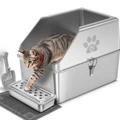 KPWACD enclosed stainless steel cat litter box with lid for tidy containment and odor control.