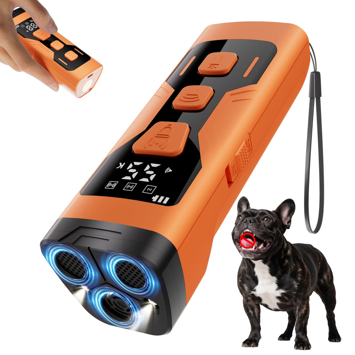 KQMOP dog bark deterrent with 3x ultrasonic transmitters for broader coverage in outdoor spaces