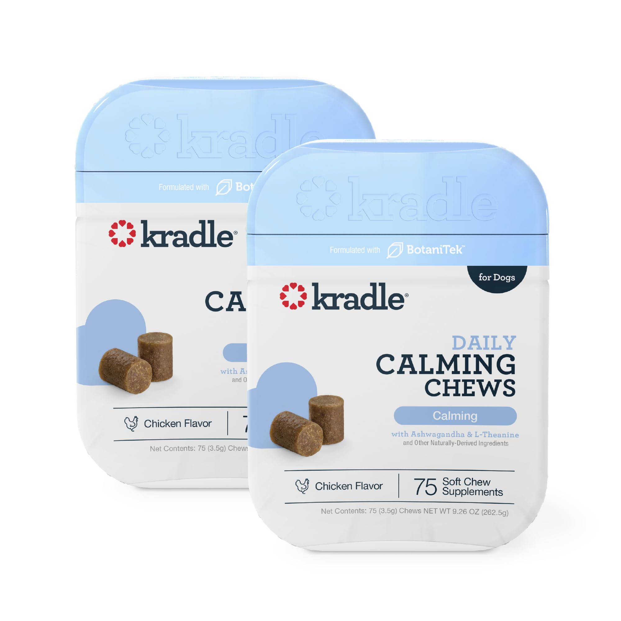 Kradle Calming Chews bottle closeup showing calm-support for dogs