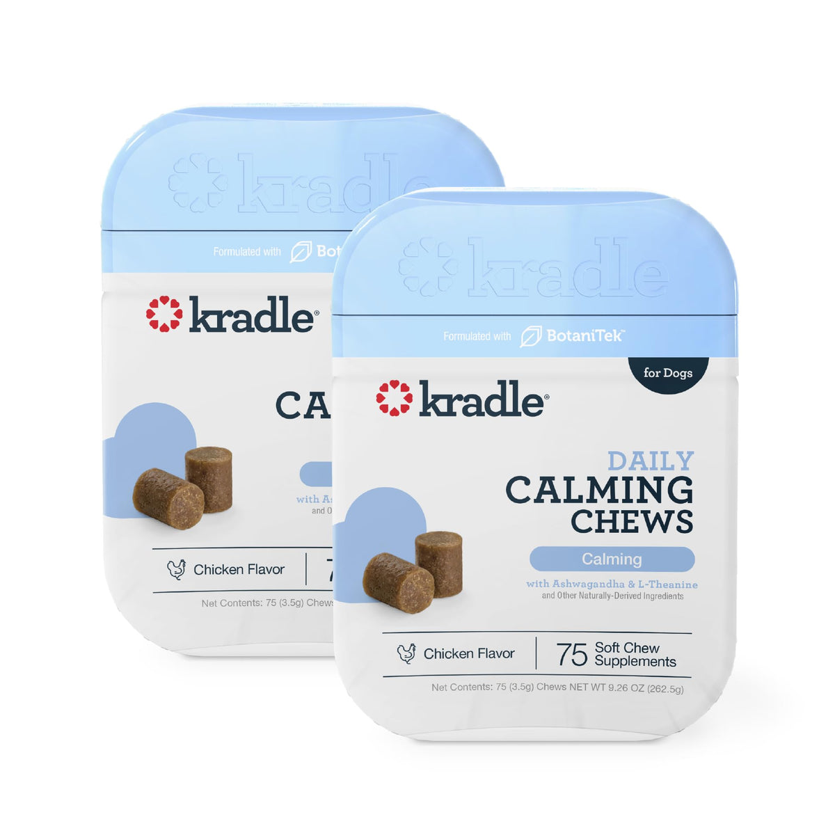 Kradle Calming Chews bottle closeup showing calm-support for dogs