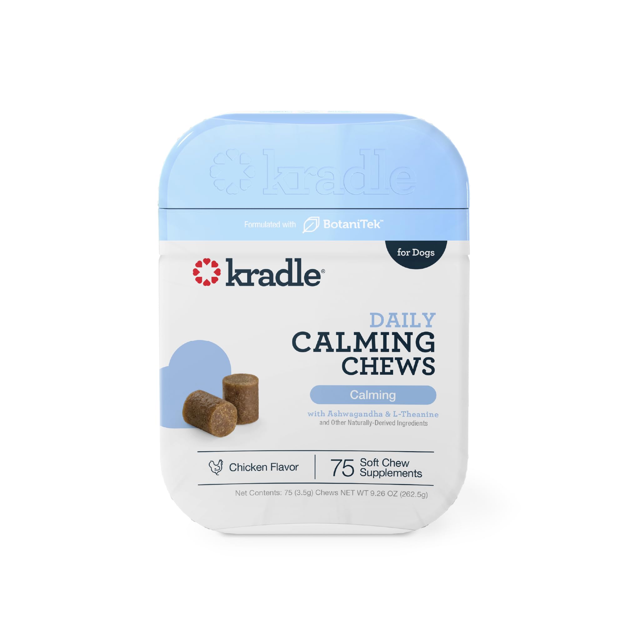 Kradle Calming Chews dog bowl shows calming routine support with tasty chicken flavor.