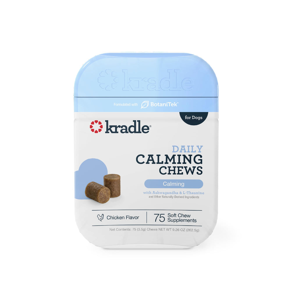 Kradle Calming Chews dog bowl shows calming routine support with tasty chicken flavor.