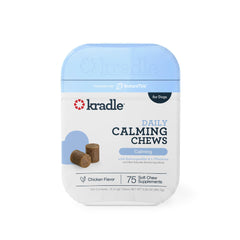 Kradle Calming Chews dog bowl shows calming routine support with tasty chicken flavor.