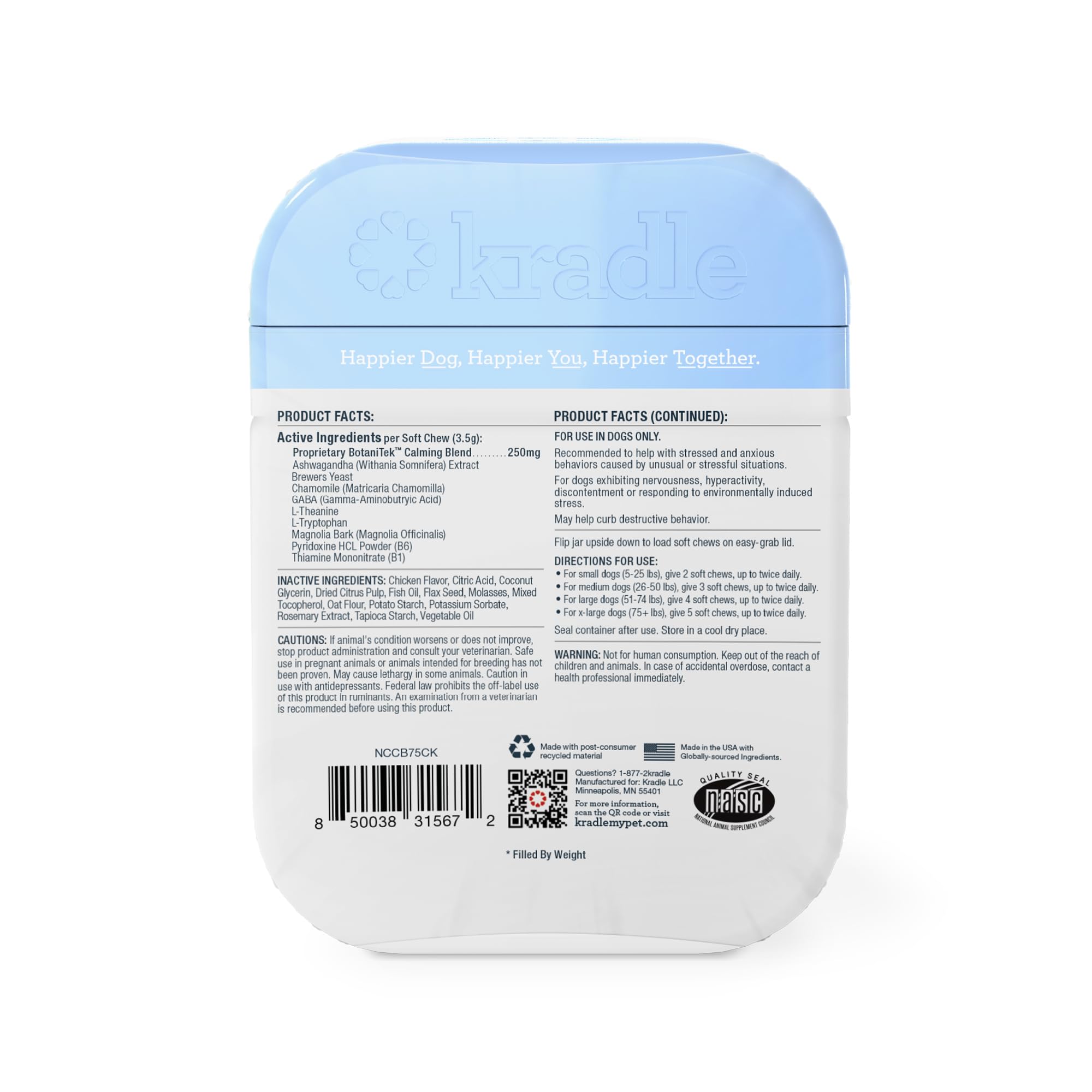 Kradle Calming Chews label and packaging highlighting USA-made, vet-formulated quality