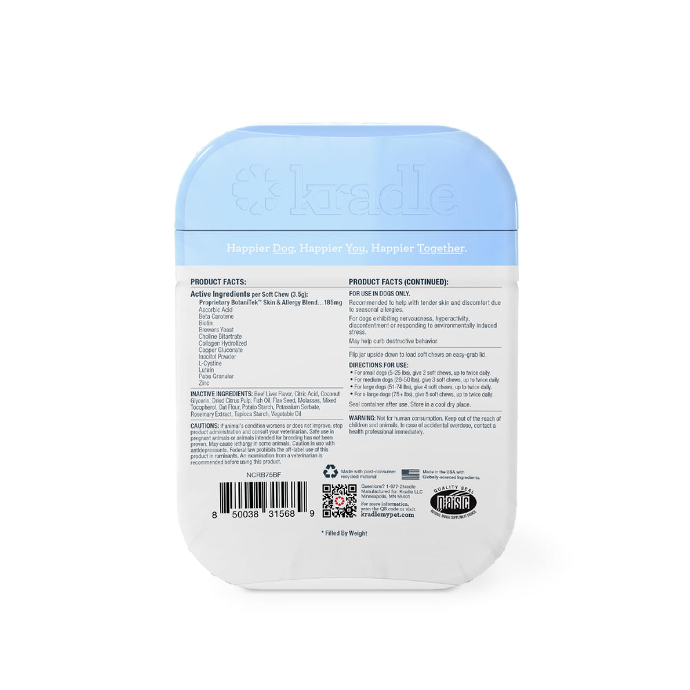 Kradle Skin Recovery Chews being eaten by a dog signals easy dosage for pets.