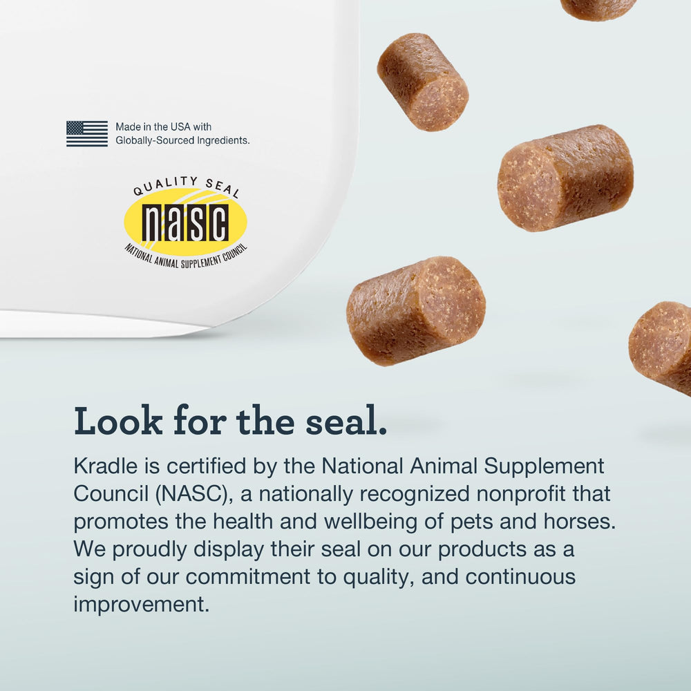 Kradle Dog paw close-up with chews nearby suggests ready-to-use daily care.