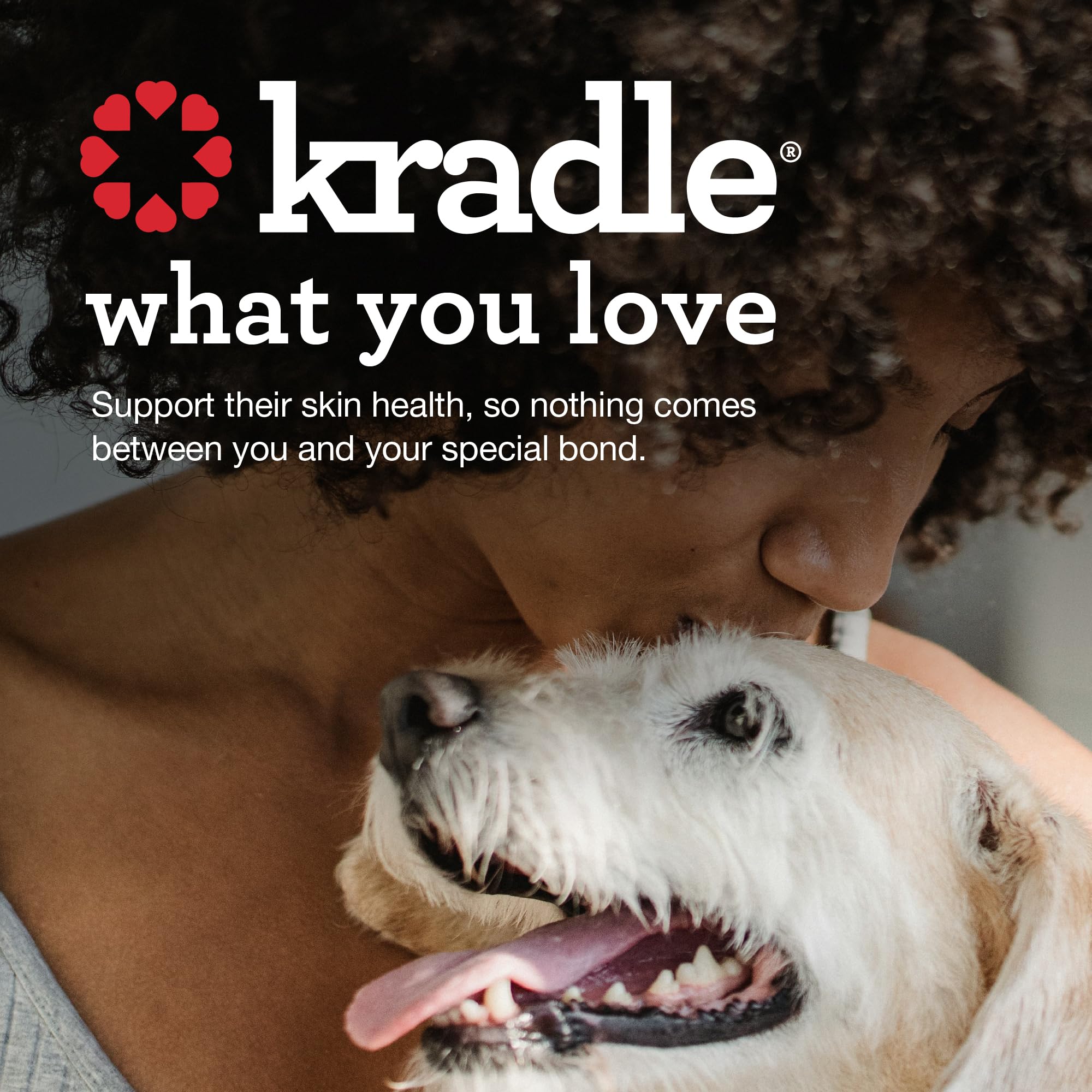 Kradle Skin Recovery Chews weight-based dosing area indicates portioning by dog size.
