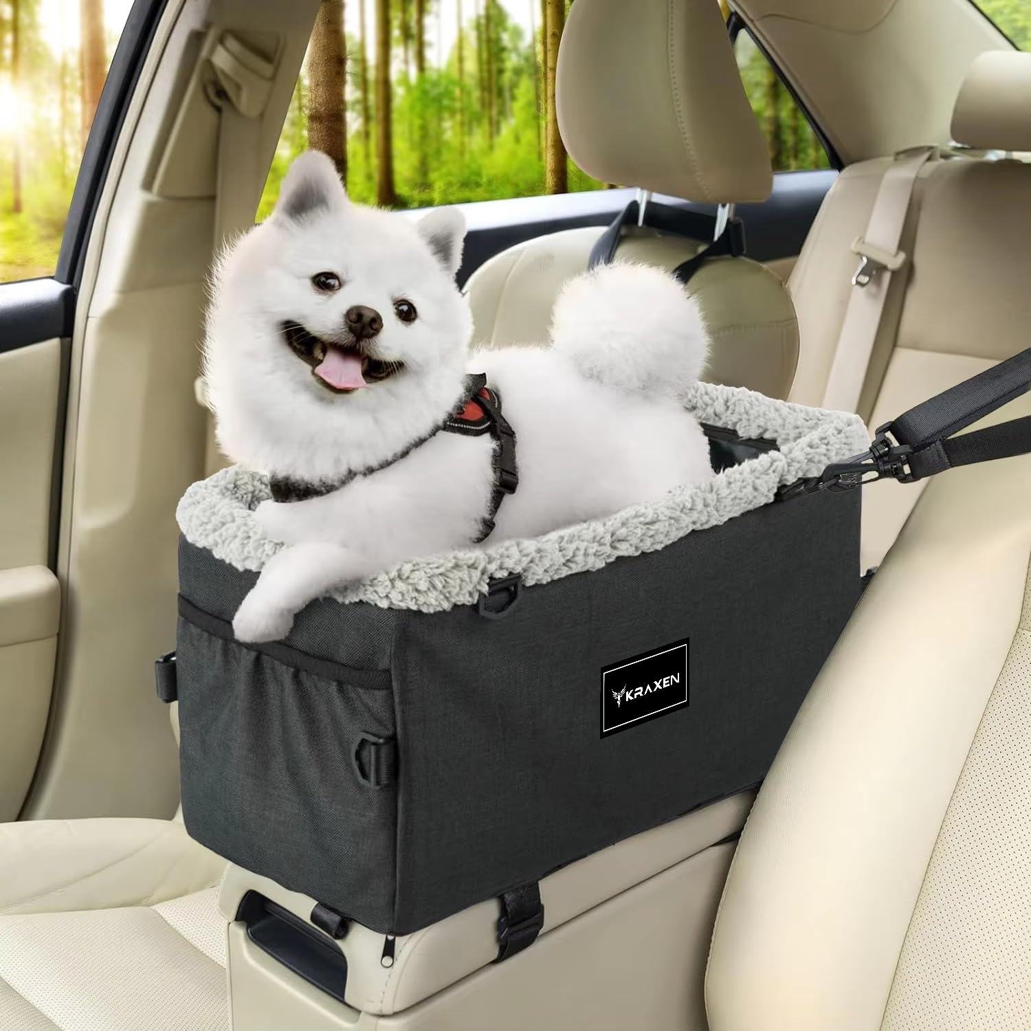 KRAXEN center console dog car seat with secure mounting for safe road trips