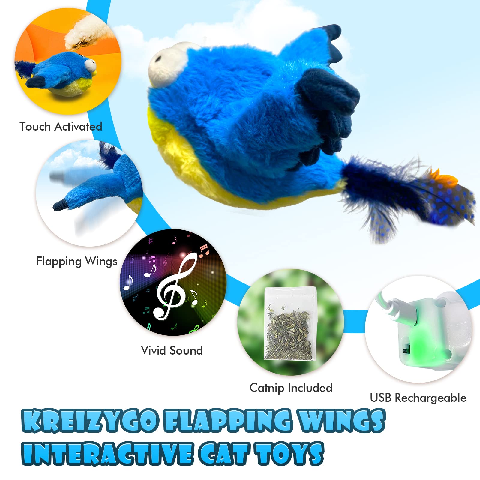 KreizyGo blue-bird chirping action attracts pets for dynamic engagement.
