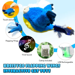KreizyGo blue-bird chirping action attracts pets for dynamic engagement.