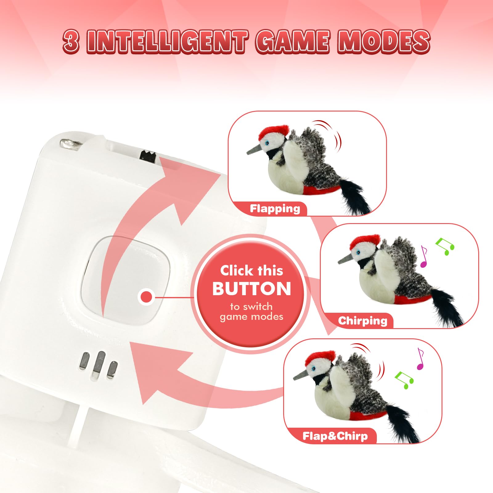 KreizyGo cat toy chirping mode button highlights sensory engagement