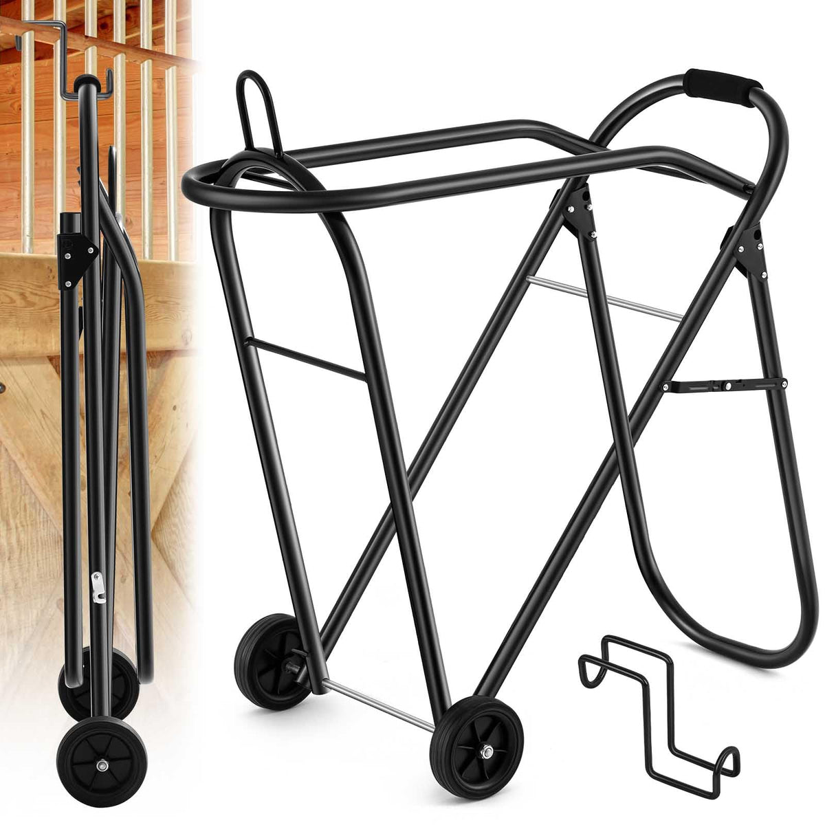 Kritkin horse saddle cart with wheels enables smooth gear transport.