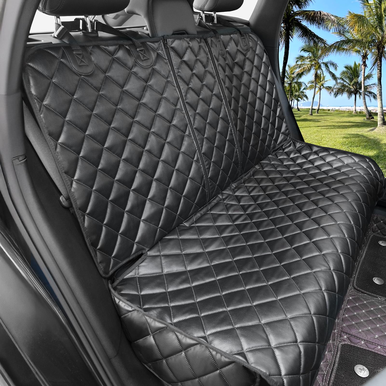 KritterKorner dog car seat cover on back seat provides waterproof protection for mess-free rides.