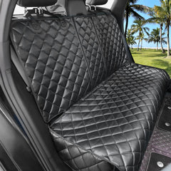 KritterKorner dog car seat cover on back seat provides waterproof protection for mess-free rides.