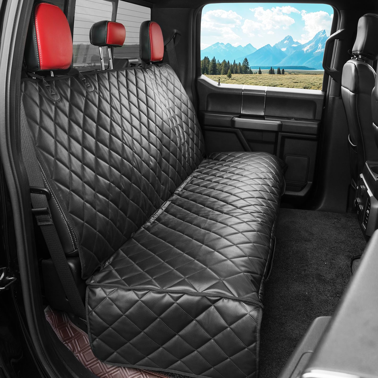 KritterKorner dog-truck-seat-cover back protects backseat from scratches and mess on road trips