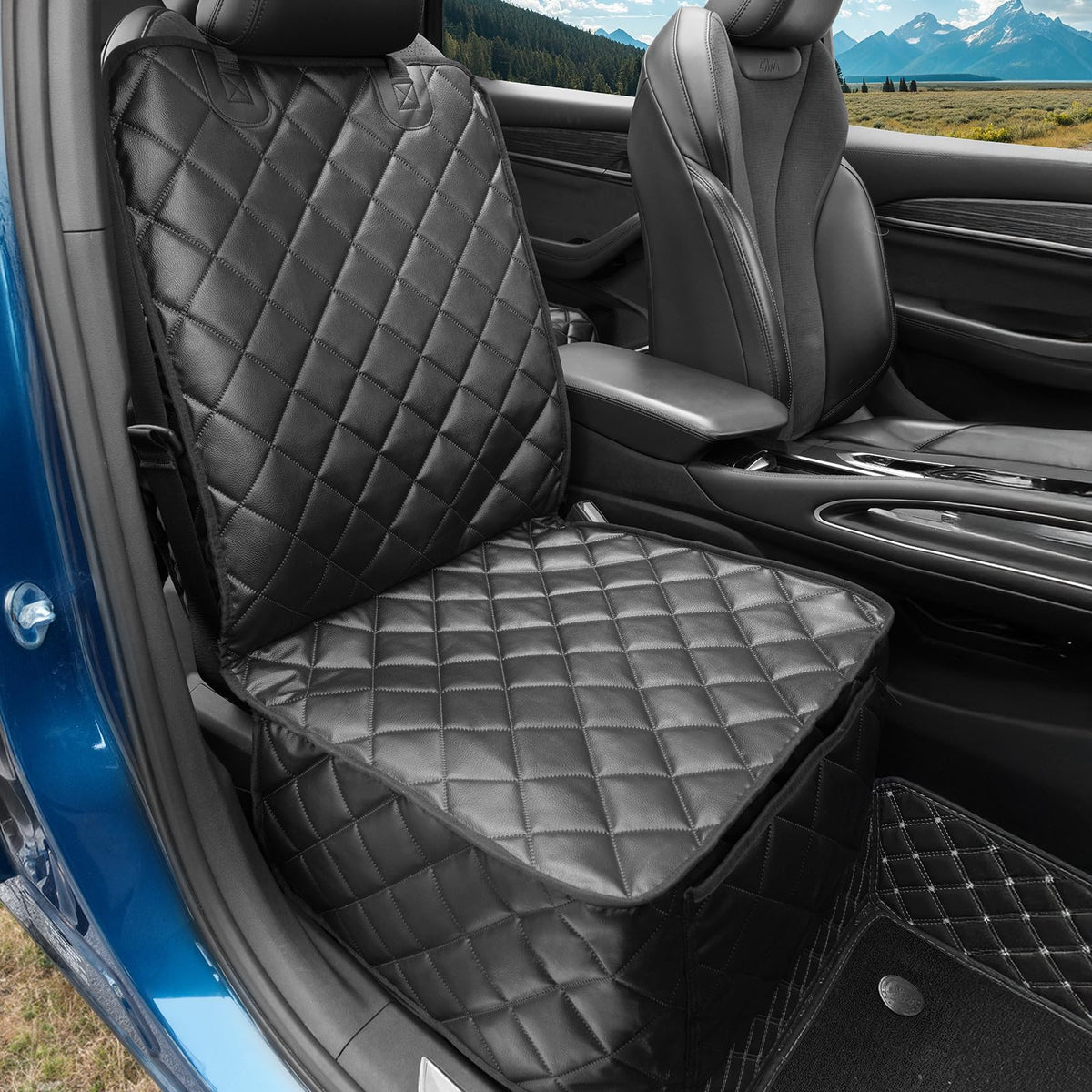KritterKorner front-seat-cover-installation-buckle-straps enables quick secure fit.