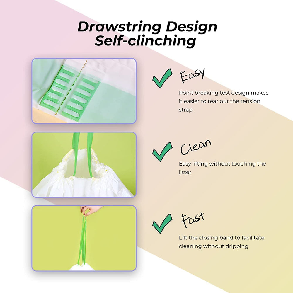 KropBom drawstring litter bags simplify changing litter with no mess or odor.