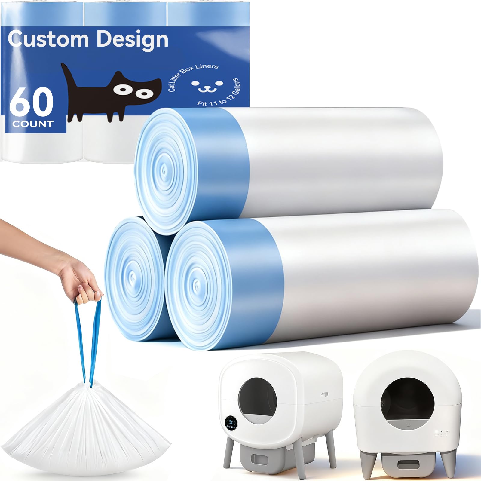 KropBom robot litter-box liners drawstring closeup showing secure seal for easy waste disposal